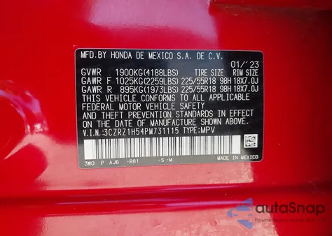 2023 Honda Hr-V 2Wd Sport from USA, damaged, VIN 3CZRZ1H54PM731115